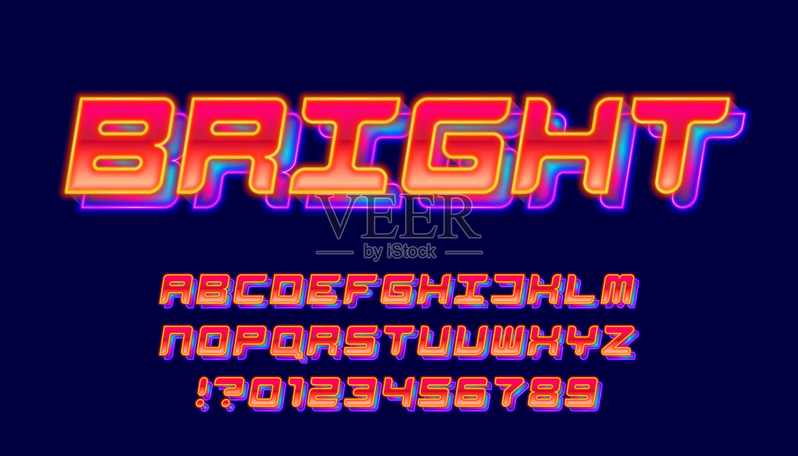 明亮的字母字体。发光的霓虹灯字母和数字。插画图片素材