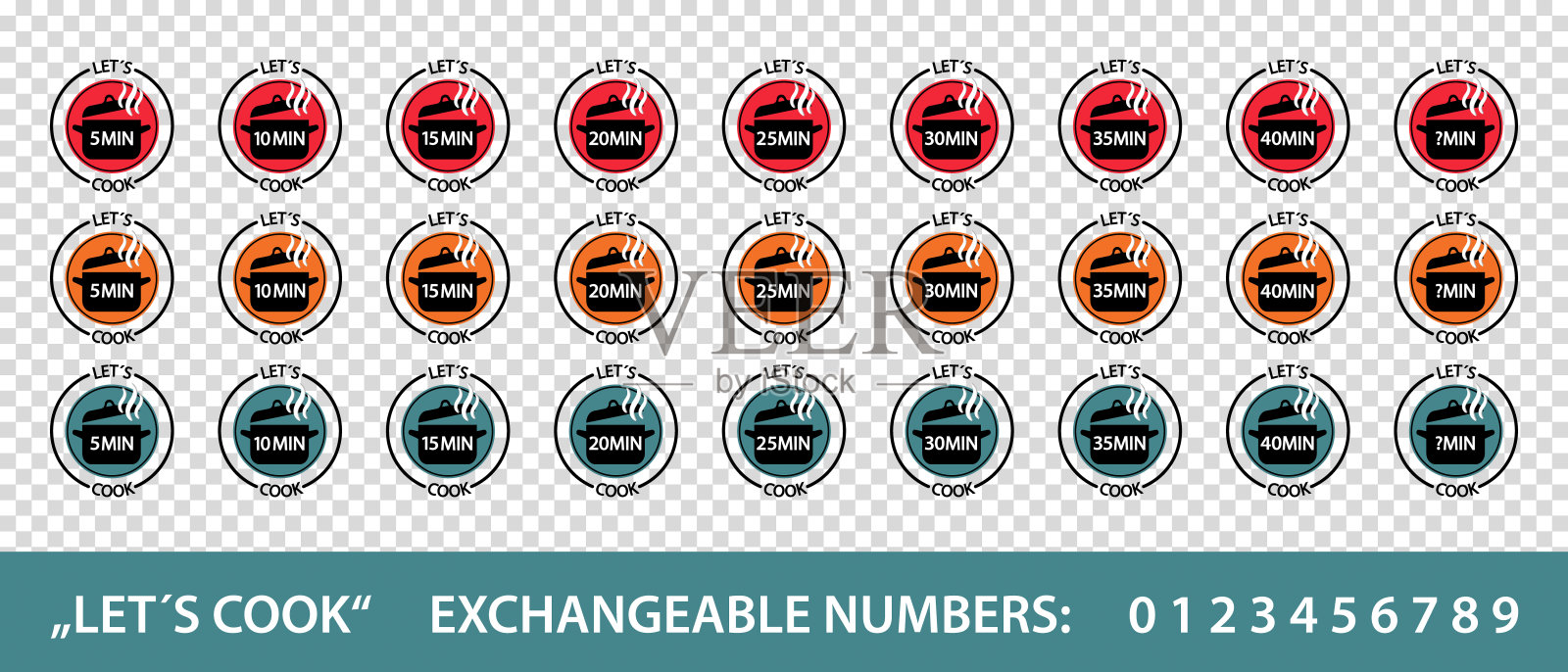烹饪时间按钮设置-分钟5-40与可交换的数字-矢量插图孤立在透明的背景插画图片素材