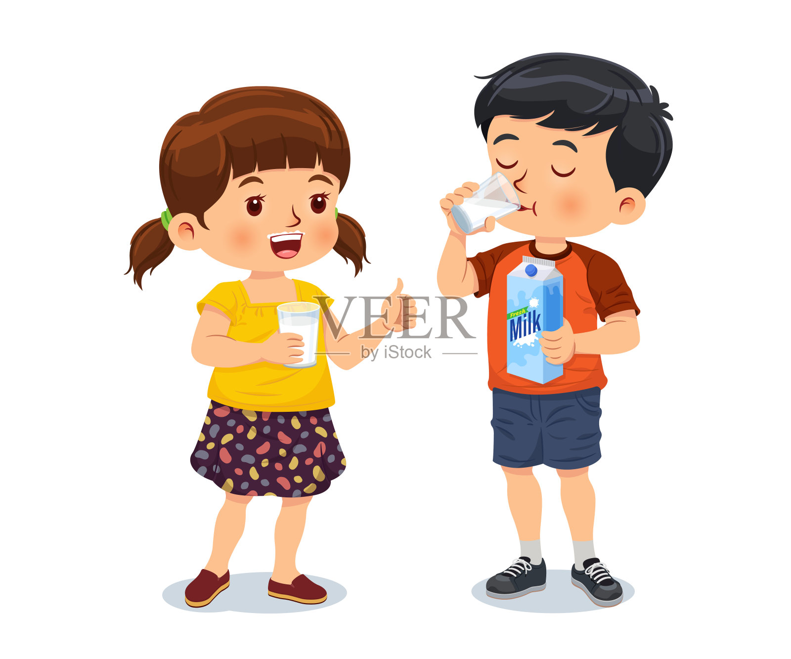 可爱的女孩抱着一杯牛奶，男孩喝着牛奶插画图片素材