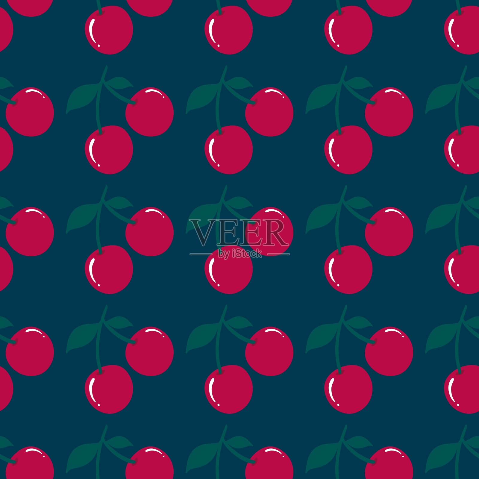 无缝红樱桃图案设计，扁樱桃图案模板包装纸，织物印花插画图片素材