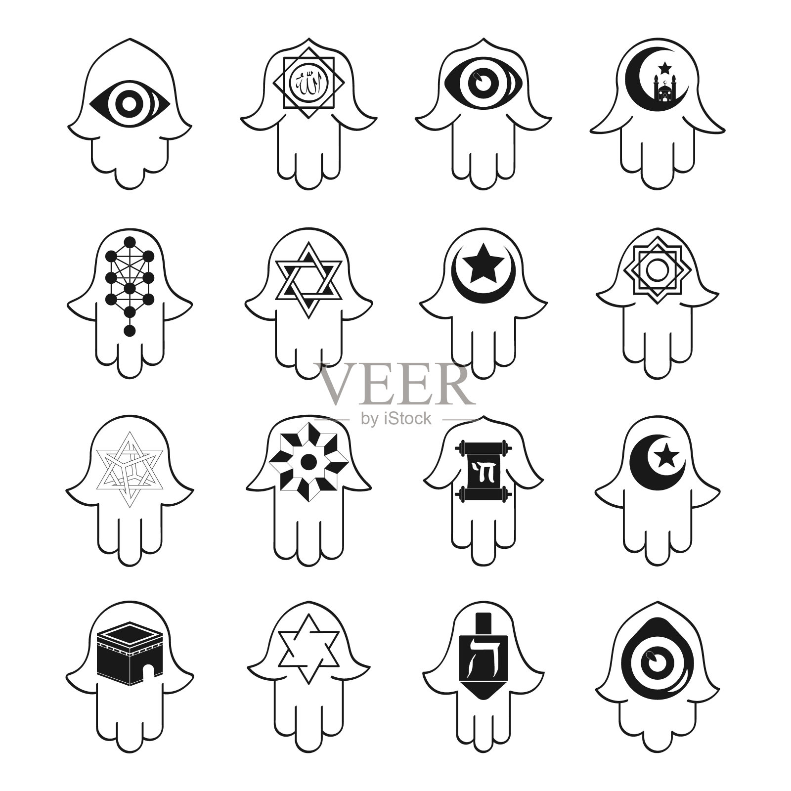 矢量单色图标集与护身符Hamsa插画图片素材