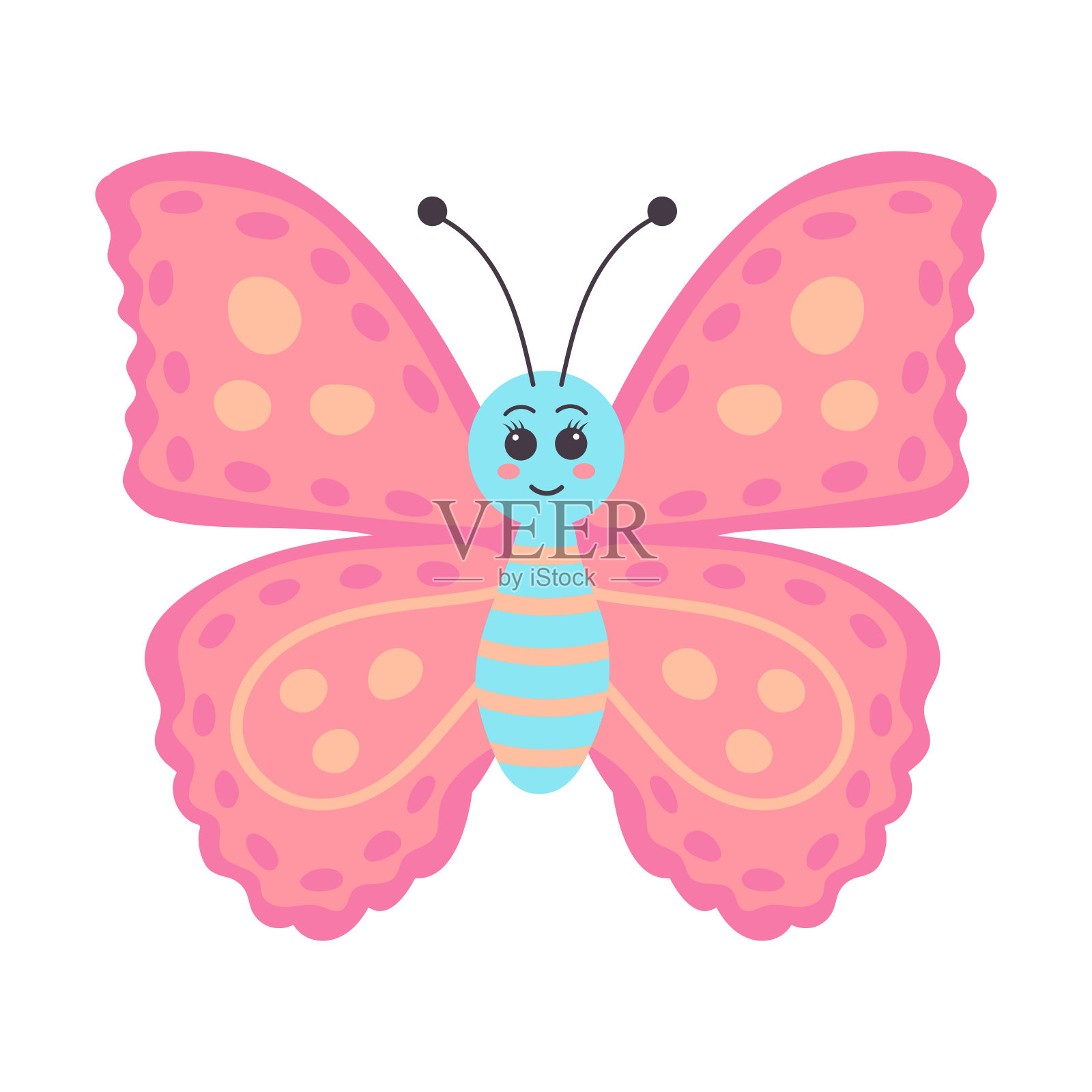 可爱的彩色微笑的蝴蝶飞行昆虫卡通人物插画图片素材