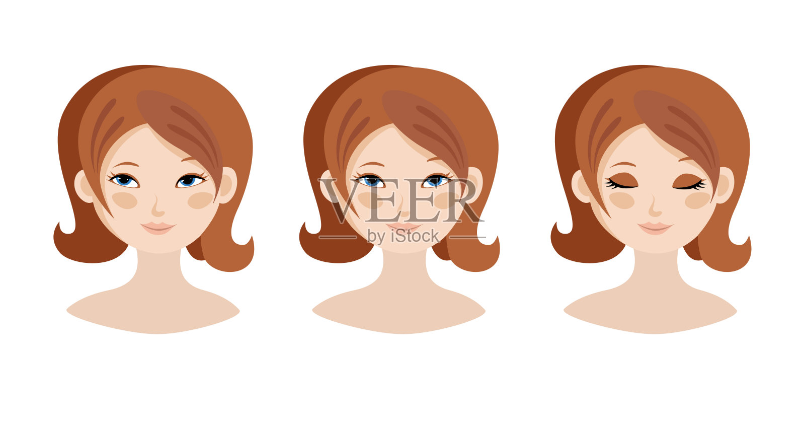 模板脸肖像的一个可爱的高加索女孩。睁开和闭上眼睛的女孩。矢量图插画图片素材