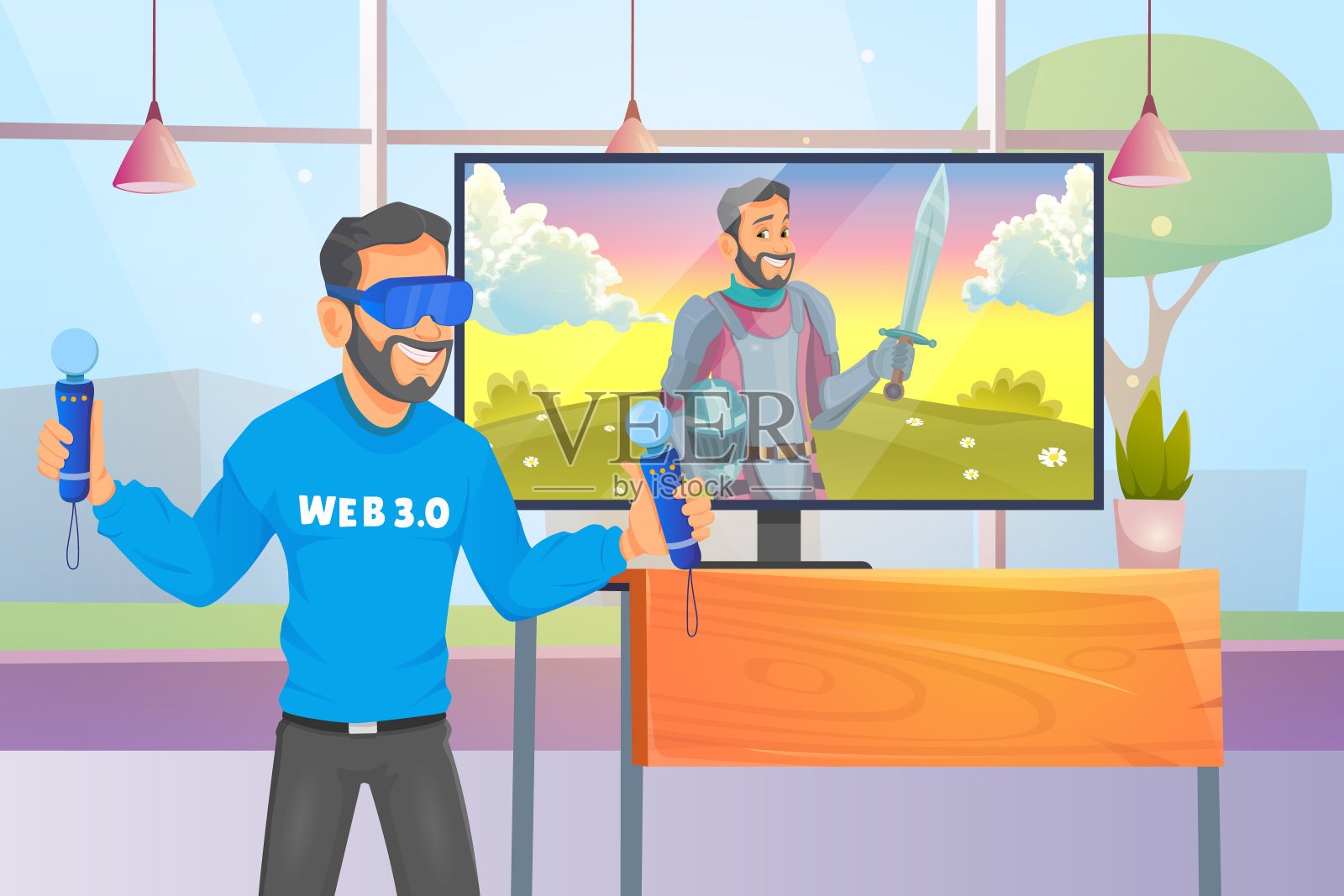 未来科技的概念。年轻人戴着VR头盔，触摸VR界面，玩游戏插画图片素材