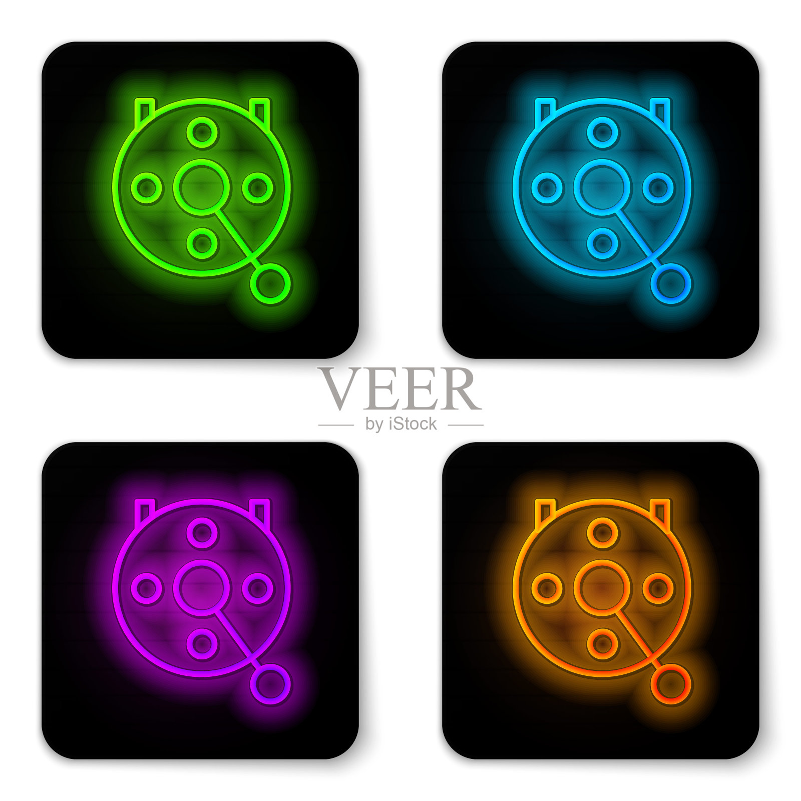 发光霓虹灯线纺线卷轴钓鱼图标孤立在白色背景。钓鱼线圈。渔具。黑色方形按钮。向量图标素材