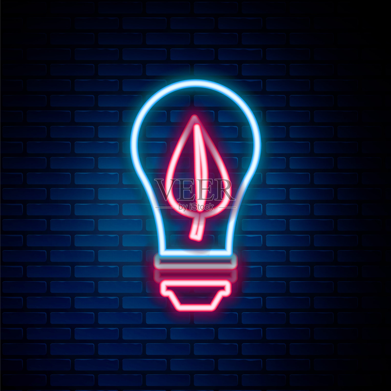 发光的霓虹灯线灯泡与叶图标孤立在砖墙背景。生态能源的概念。替代能源的概念。色彩斑斓的轮廓的概念。向量插画图片素材