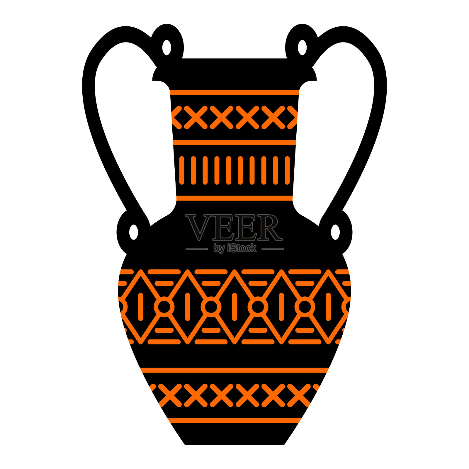 希腊黑色和橙色的花瓶，手柄上有经典的几何装饰插画图片素材