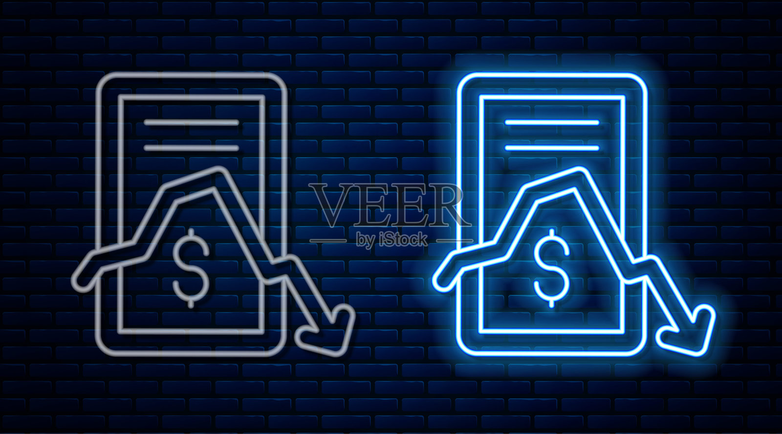 发光的霓虹灯线移动股票交易概念图标孤立在砖墙背景。网上交易，股票市场分析，商业和投资。向量插画图片素材