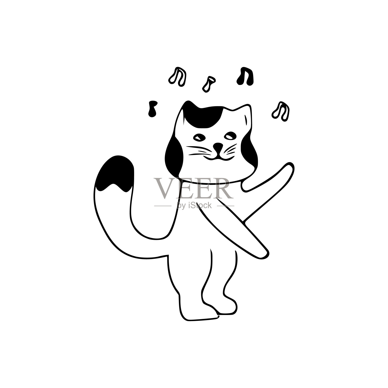 可爱的猫与音乐涂鸦图标跳舞。可爱的宠物矢量艺术在白色背景。插画图片素材