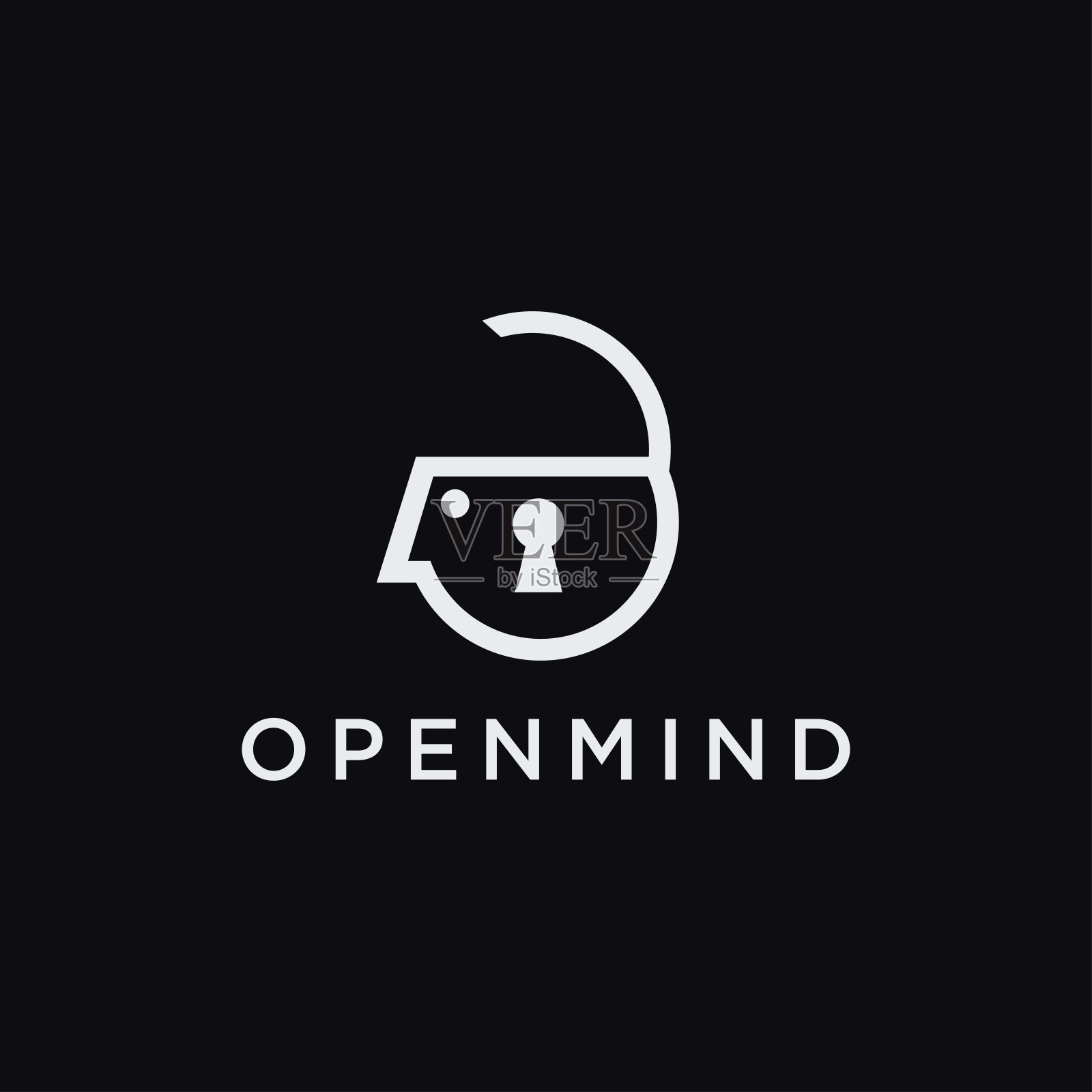 抽象极简主义打开挂锁人脑图标图标矢量模板上的黑色背景插画图片素材