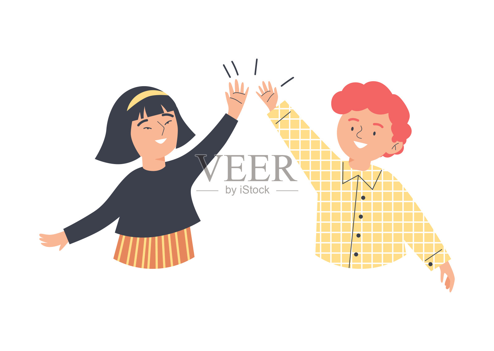 孩子们用举手击掌的手势将快乐平面矢量插图孤立起来。设计元素图片