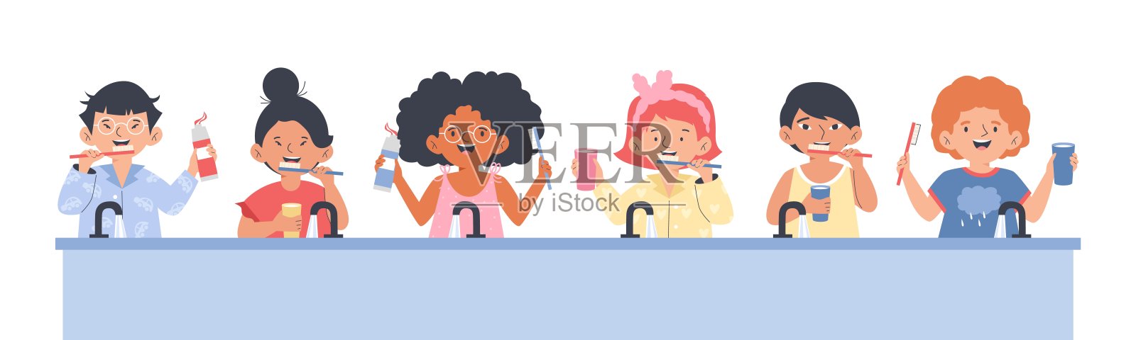 有趣的孩子在水槽后面刷牙，平面卡通矢量插图孤立。插画图片素材
