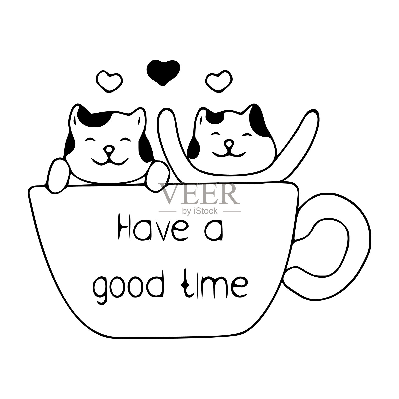 杯子里的快乐猫咪涂鸦图标，祝您玩得开心。白色背景上的可爱宠物矢量艺术插画图片素材