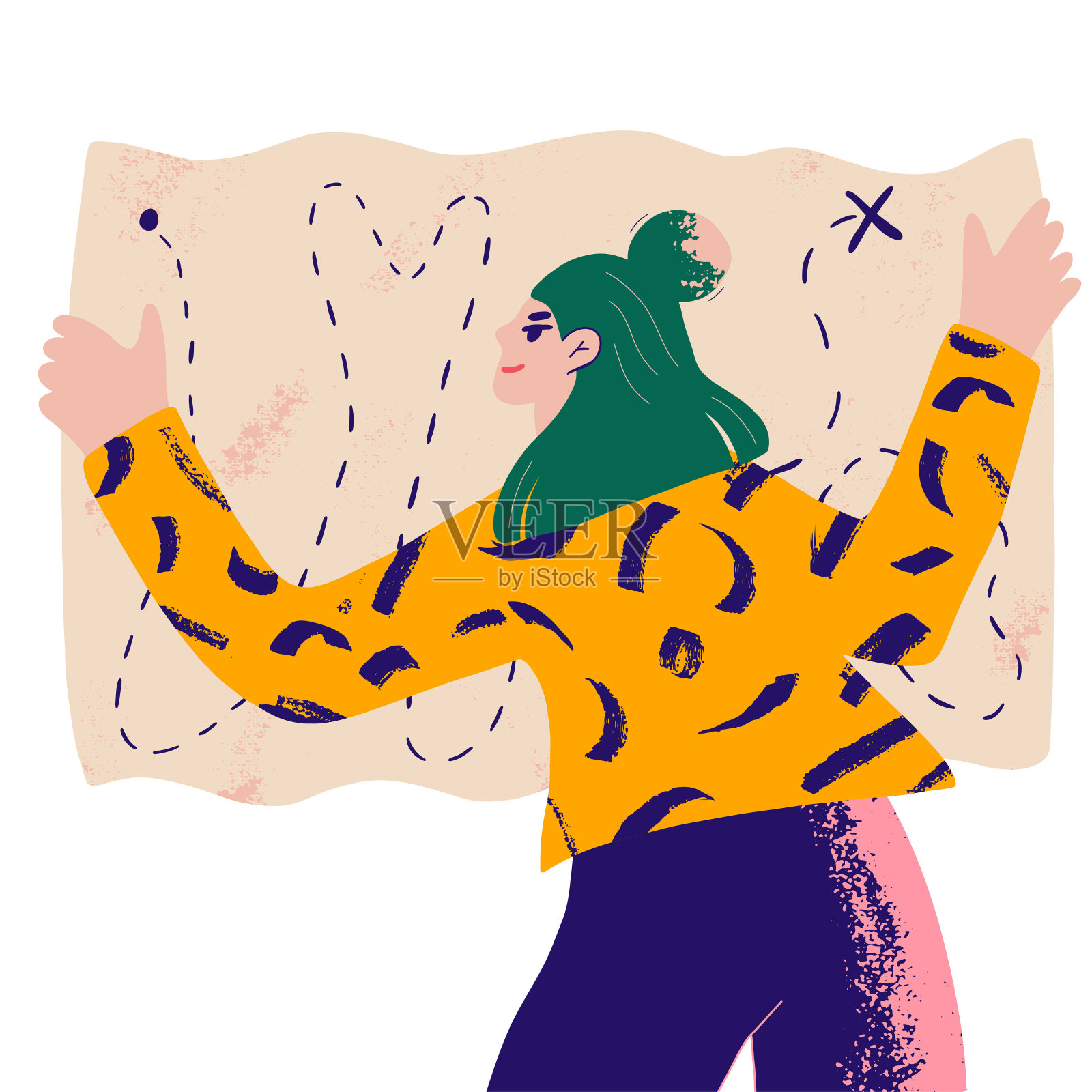 年轻可爱的旅行者拿着地图。生态路线的概念和旅游网站，社交媒体设计等。平面向量插图。插画图片素材