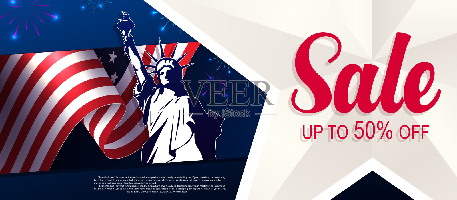 蓝色节日插画与美国国旗，明亮的烟花，明星剪影，设计组件设计模板素材