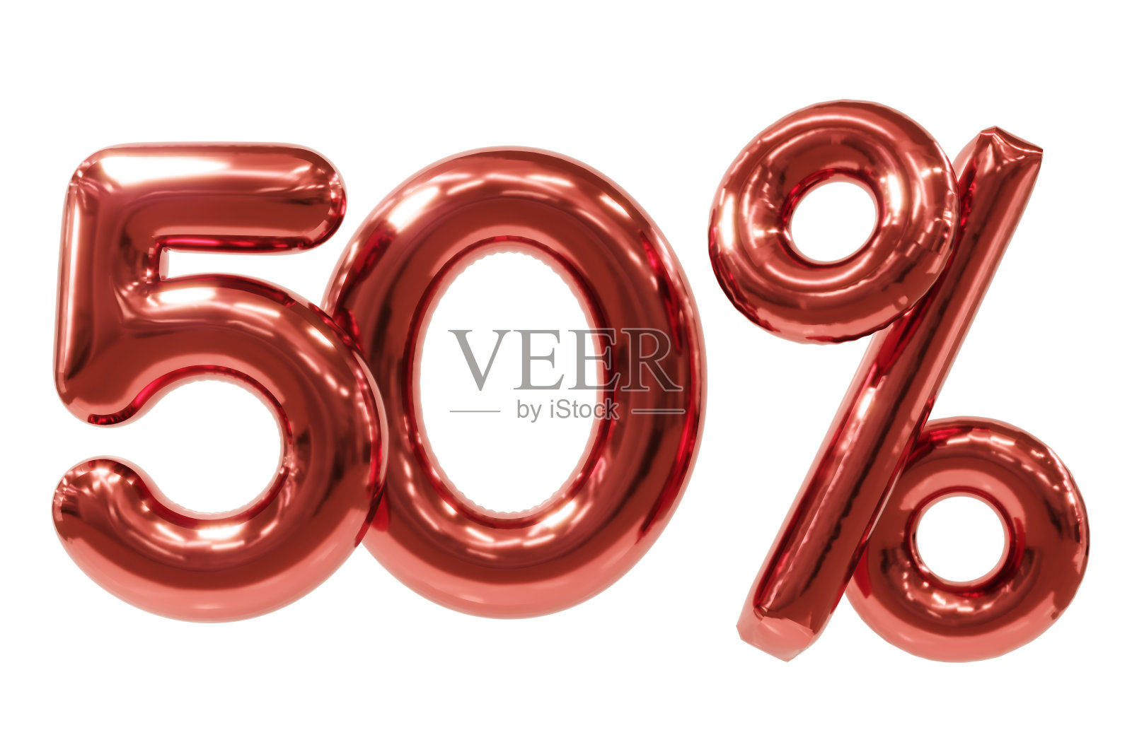 半价优惠，逼真的氦气红气球制作的3d销售标志，3d渲染照片摄影图片