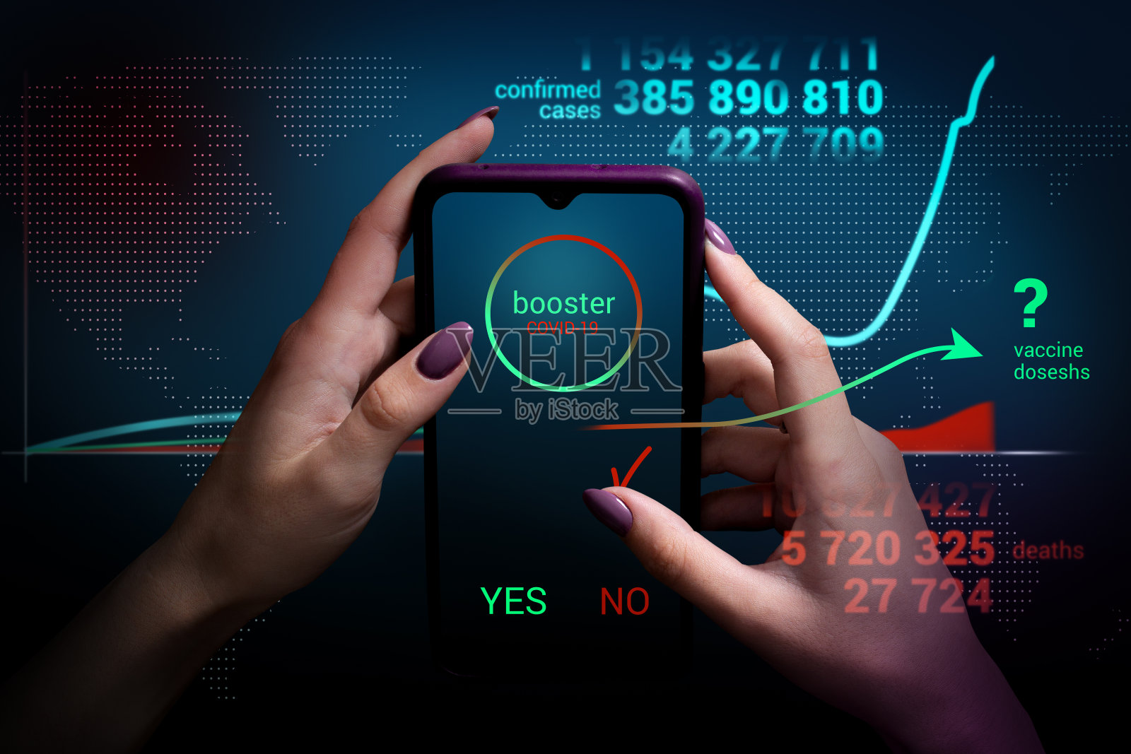 在COVID-19感染浪潮期间拒绝接种加强疫苗的概念。在新冠肺炎疫情期间，在疫苗接种时间表、发病率和死亡率的背景下手持智能手机照片摄影图片