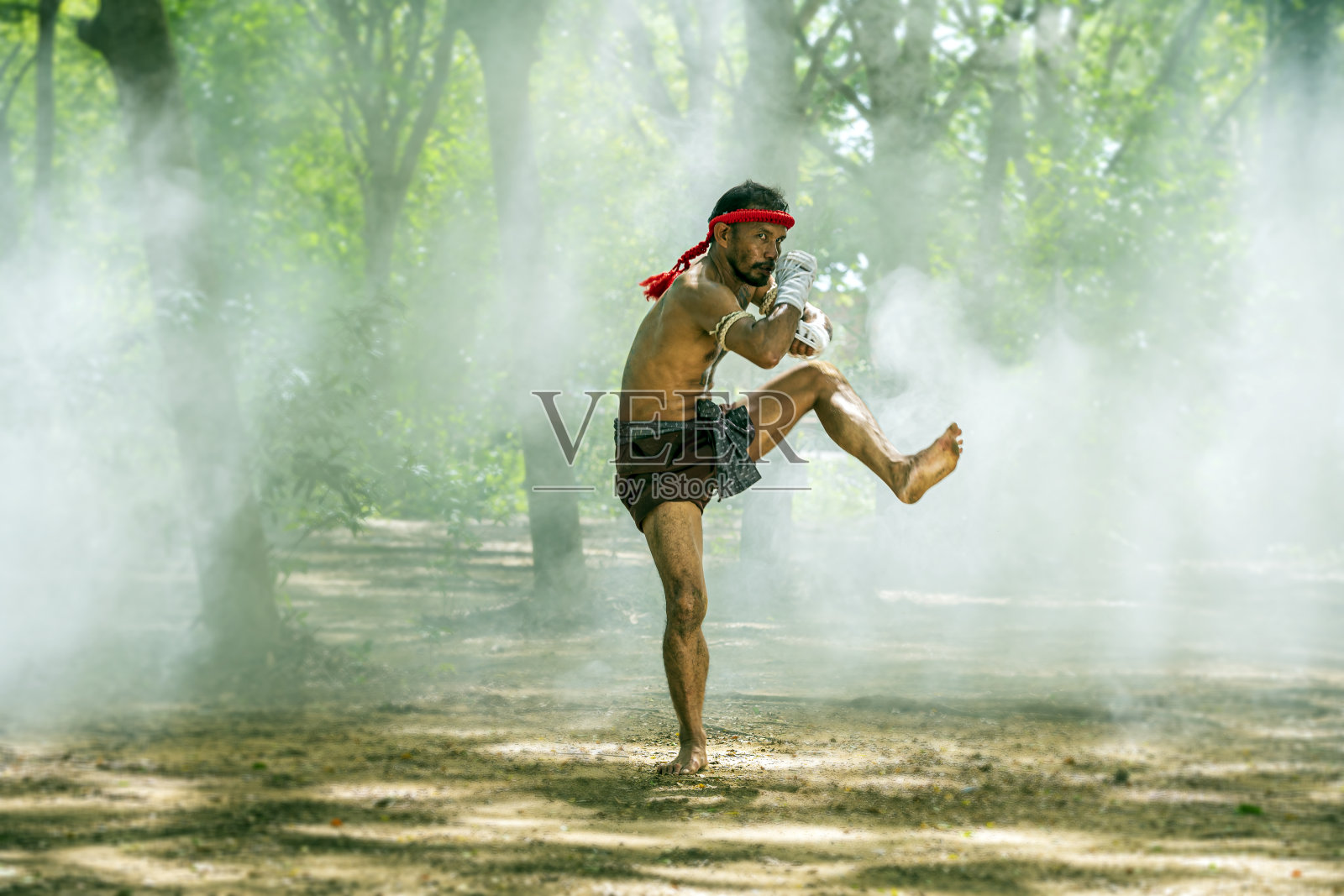 Wai kruu泰拳表演。拳击的音乐。背景是与大象的拳击比赛。照片摄影图片