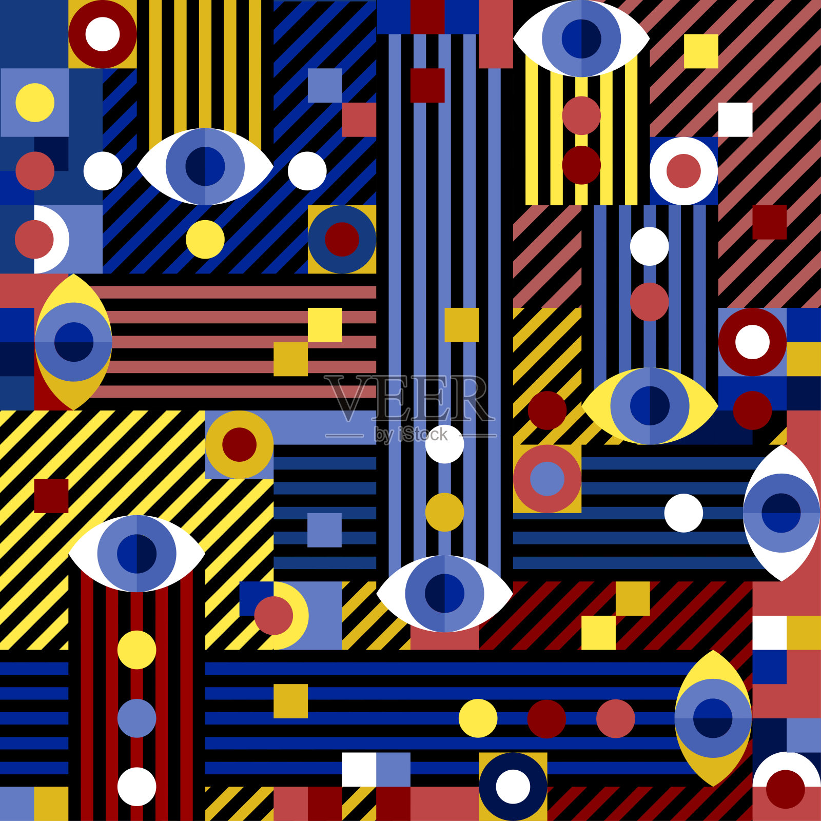 眼睛商业模板与黄色包豪斯模式在红色和蓝色背景装饰设计。矢量图形当代无缝彩色几何打印插画图片素材