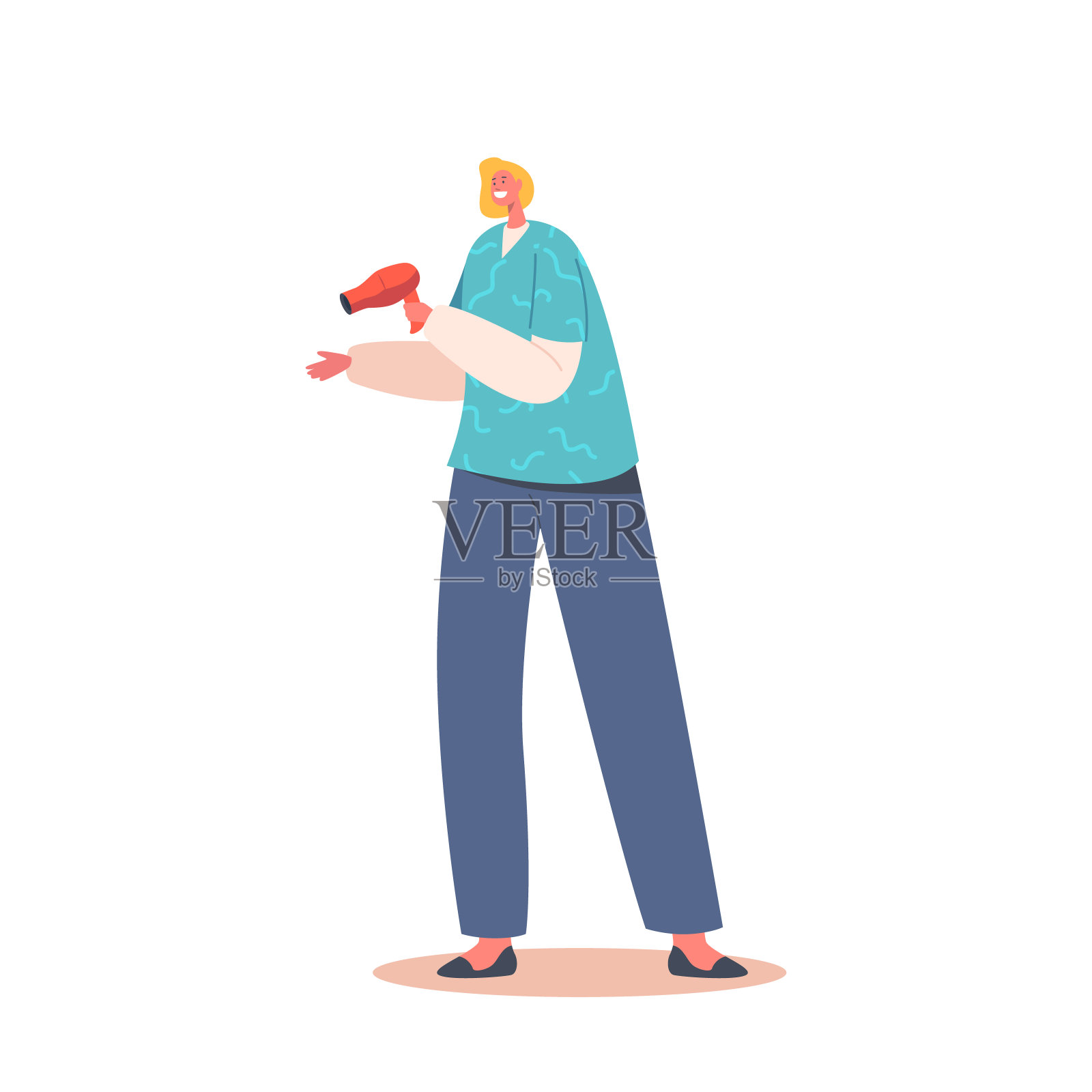 拿着吹风机的美发师女性角色。宠物美发沙龙造型和美容店，照顾家畜设计元素图片