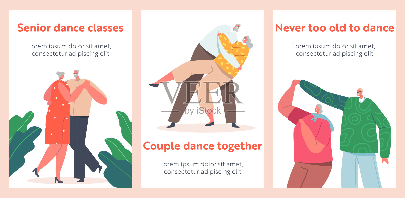 爱的老夫妇跳舞横幅集，浪漫的关系，快乐的老男人和女人拥抱，牵手设计模板素材