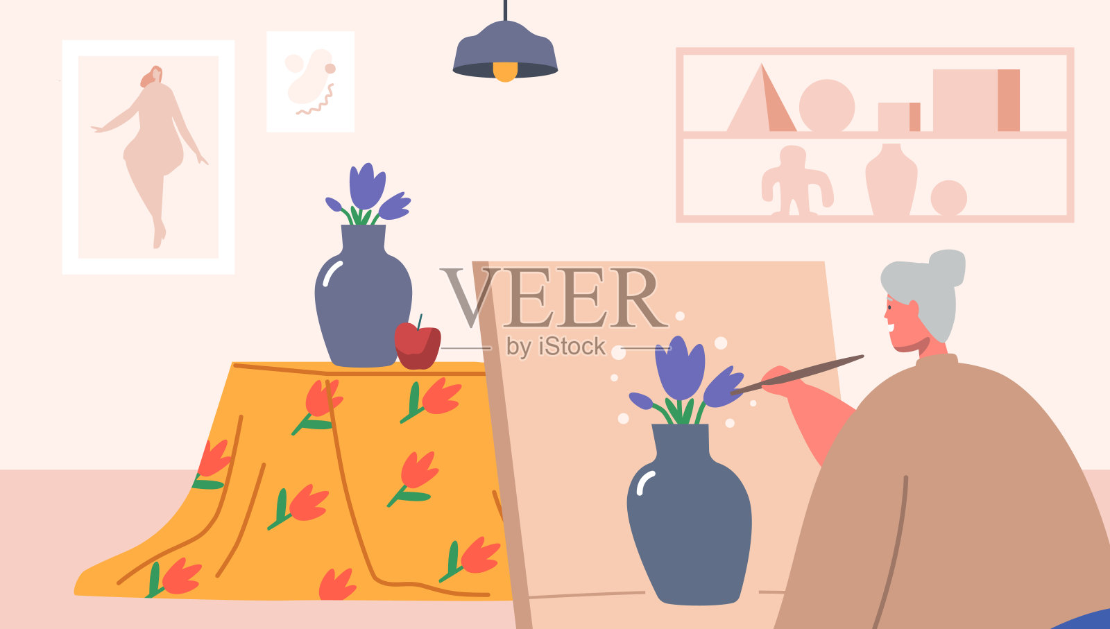 高级女艺术家手拿画笔在画架上的画布前画满鲜花的花瓶。老夫人的爱好插画图片素材