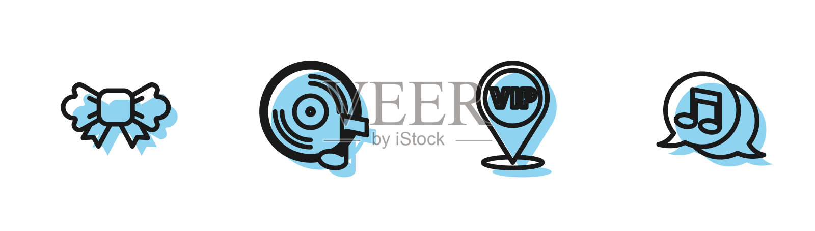 设置线路位置Vip，蝴蝶结，乙烯基磁盘和音乐笔记讲话气泡图标。向量插画图片素材