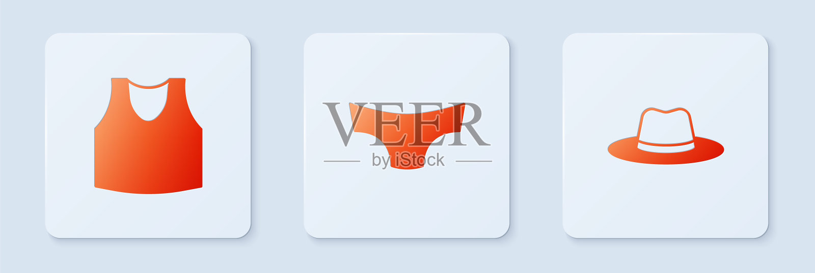 设置男士内裤，内衣和男士帽。白色正方形按钮。向量插画图片素材