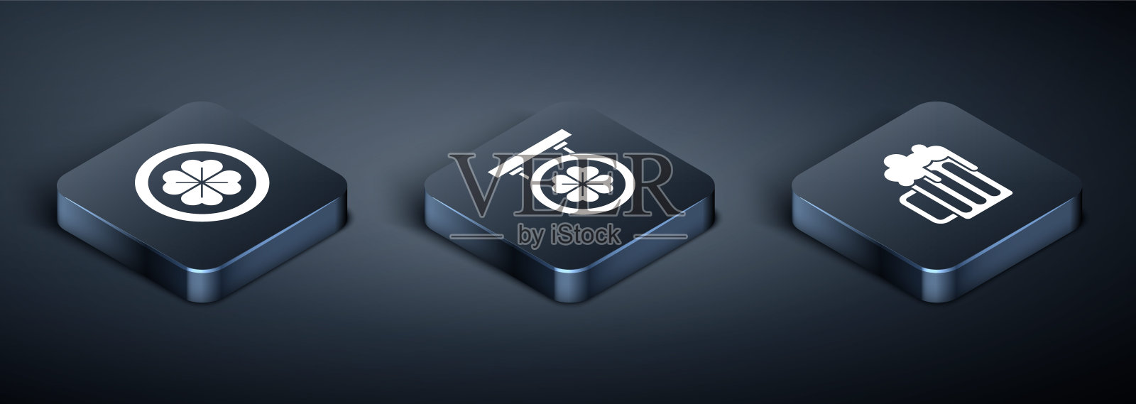 设置等距金币四叶三叶草，木制啤酒杯和街道招牌四叶三叶草图标。向量图标素材