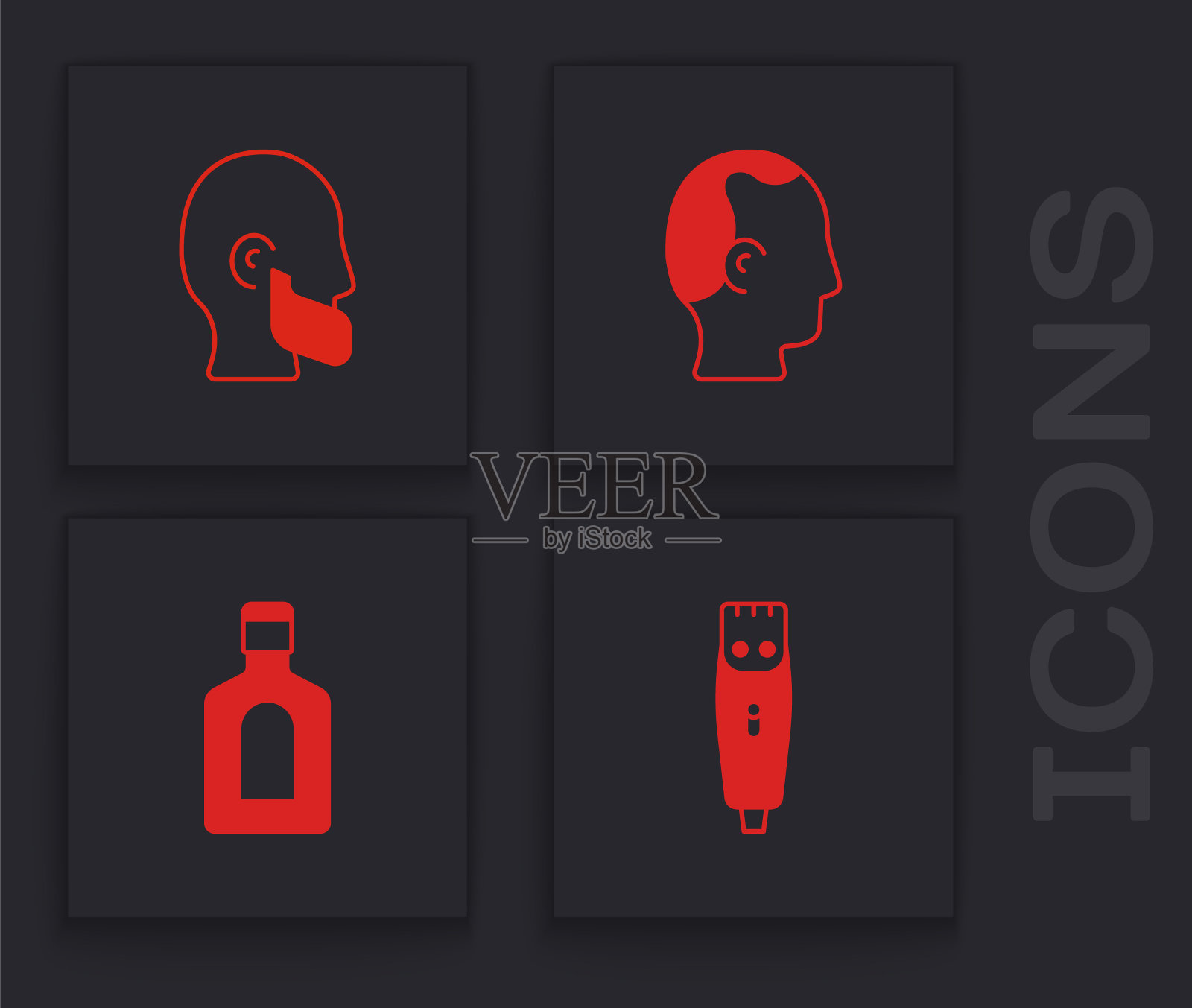 设置理发器，胡子和胡须，秃头和洗发水图标。向量图标素材