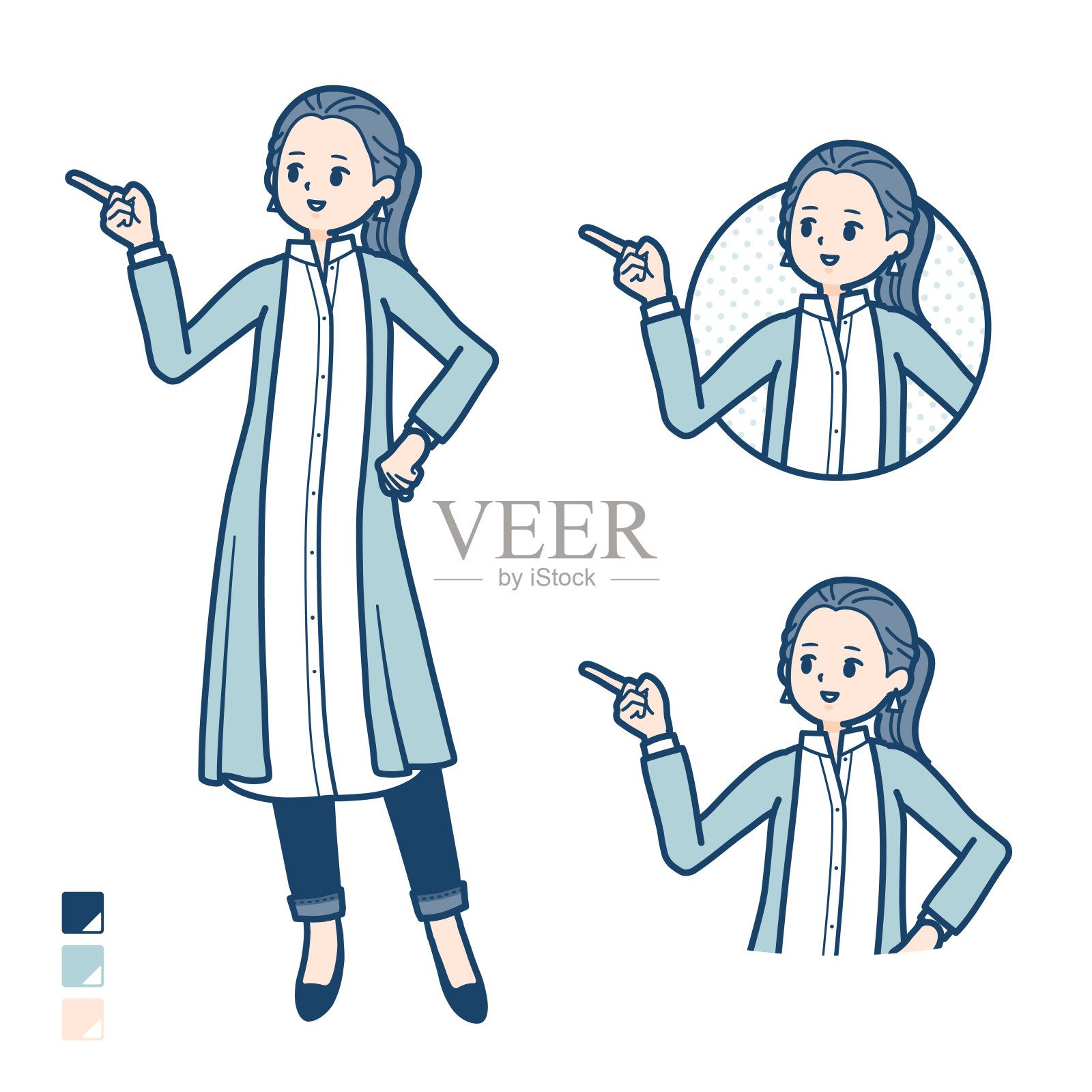 一个女人在一件长衬衫的解释指向图像插画图片素材