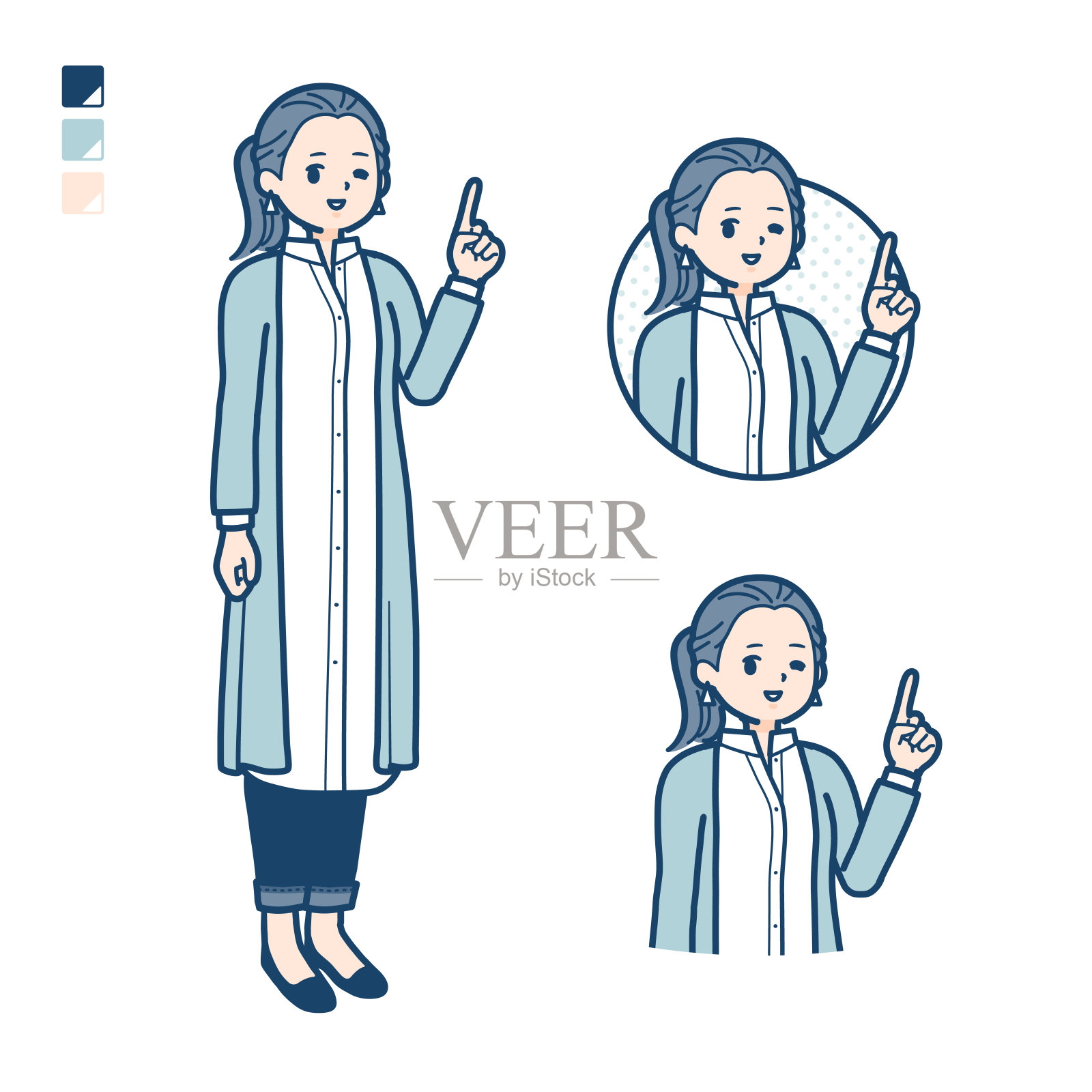 一个穿着长衬衫的女人指着手势的图像插画图片素材