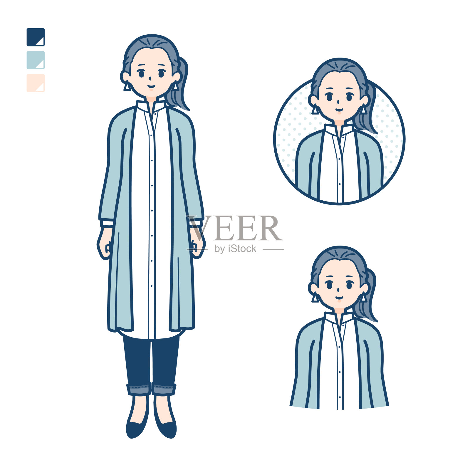 一个穿着长衬衫的女人，上面有微笑的图案插画图片素材