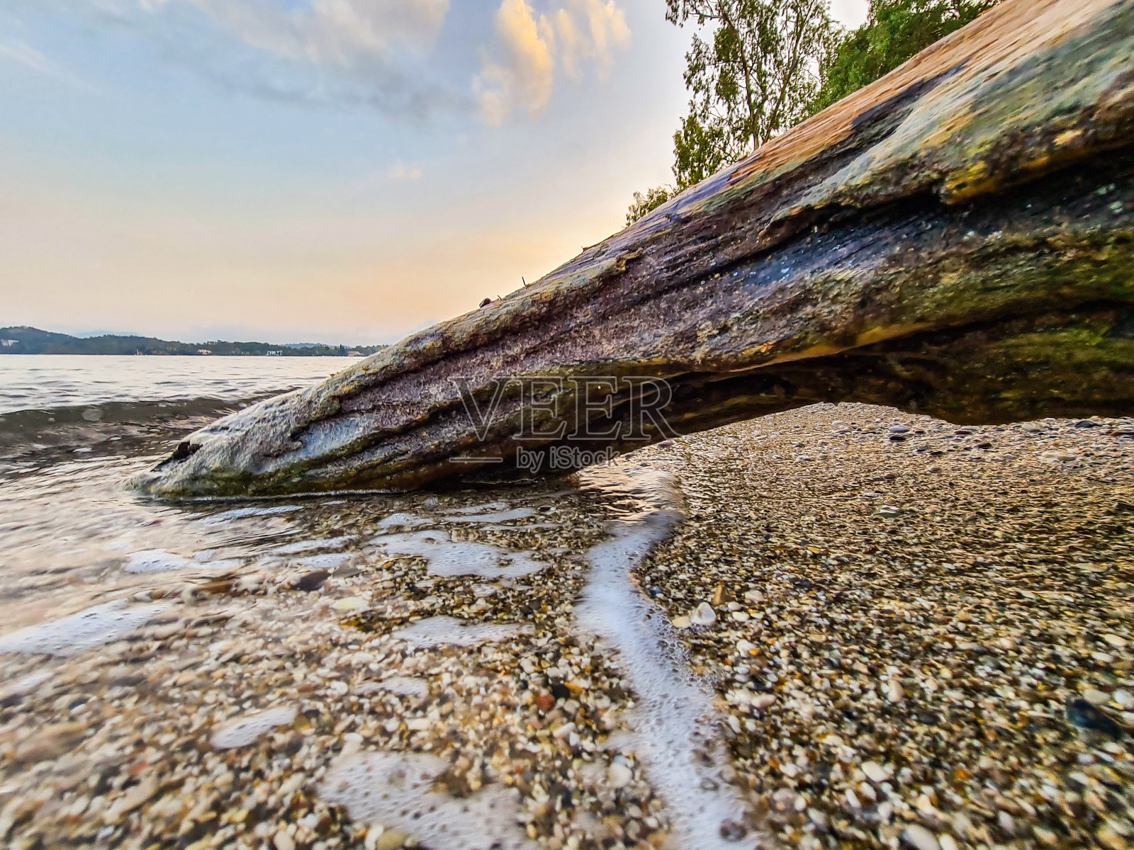 日落时的空海滩和浮木照片摄影图片