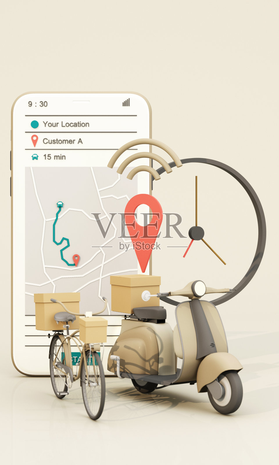 快速交付的摩托车，自行车和面包车与移动。电子商务的概念。在线食品和购物箱订购与路线图。网页、应用程序的设计。白棕色的背景。垂直框架3d渲染照片摄影图片