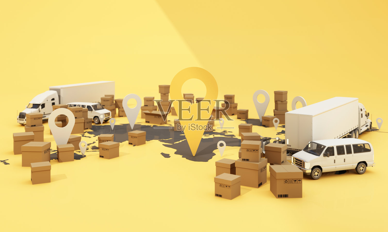 这个地球世界地图被纸箱、一艘集装箱船、一架飞行的飞机、一辆汽车、一辆货车和一辆卡车包围，黄色背景的3D渲染显示gps定位照片摄影图片