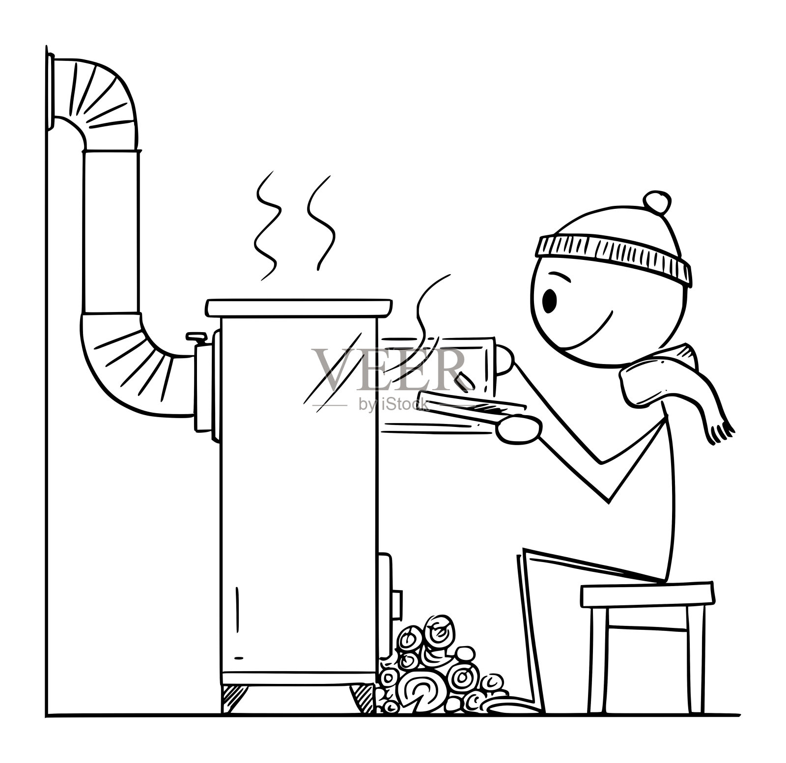 人坐在前面的小木火炉或加热器，矢量卡通棍子图插图插画图片素材