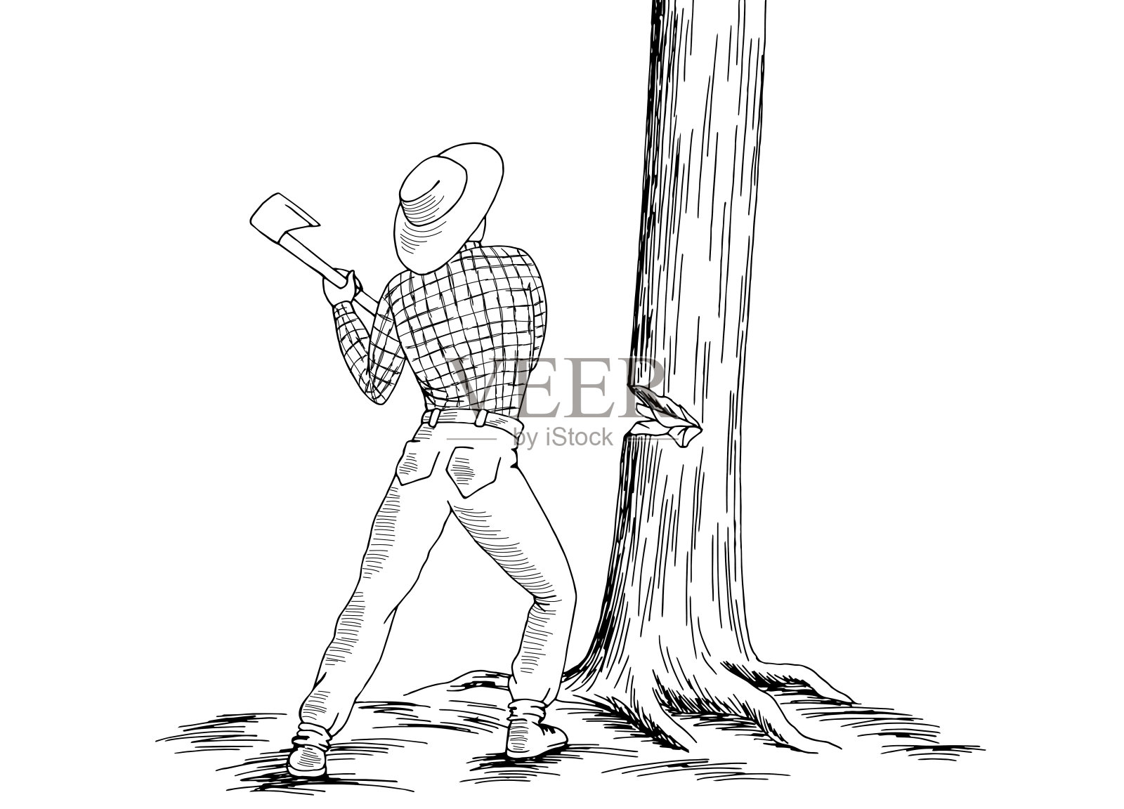 伐木工人砍树孤立图形黑白草图插图矢量设计元素图片