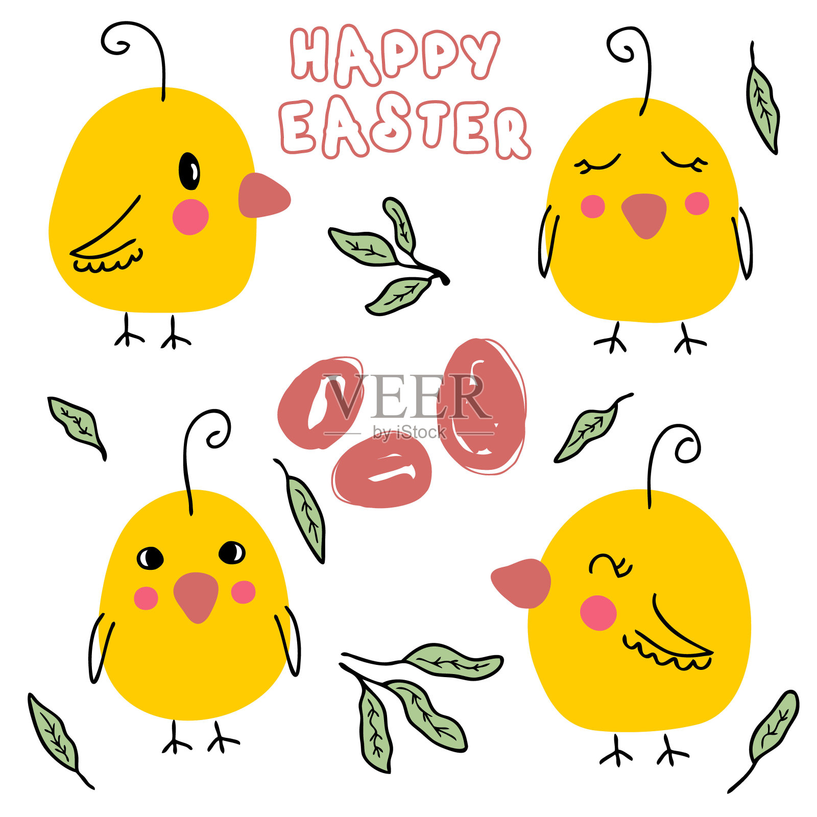 手绘复活节鸡和鸡蛋收集。完美的贴纸，明信片和打印。为装饰和设计的卡通风格矢量插图。插画图片素材