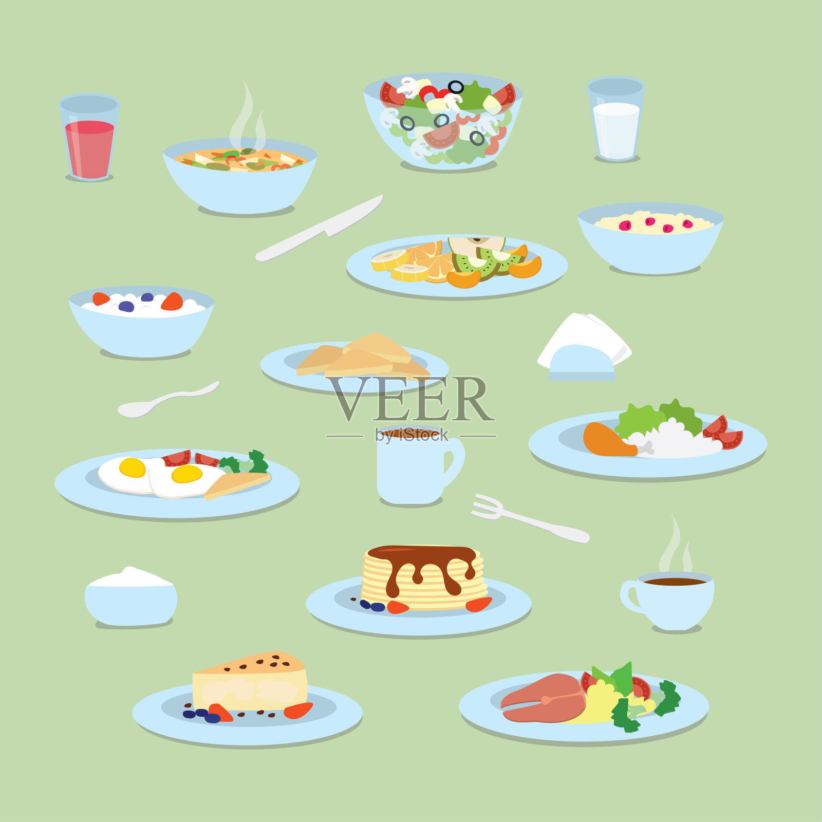 一套各种各样的自制菜肴。收集不同的食物和餐具。配粥、沙拉和煎饼的盘子插画图片素材