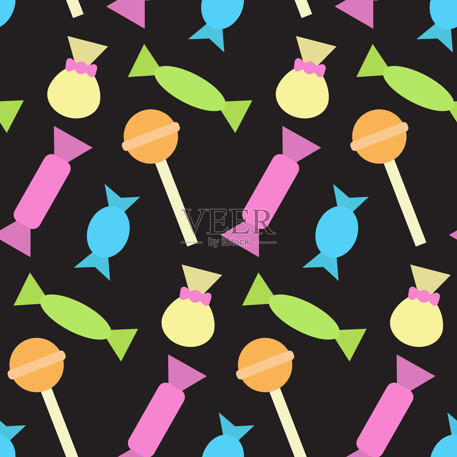 彩色无缝图案与不同的糖果和棒棒糖。印刷纺织品，织物，壁纸，卡片，礼品包装和衣服。没完没了的设计。涂鸦风格的插图。甜美可口的主题插画图片素材