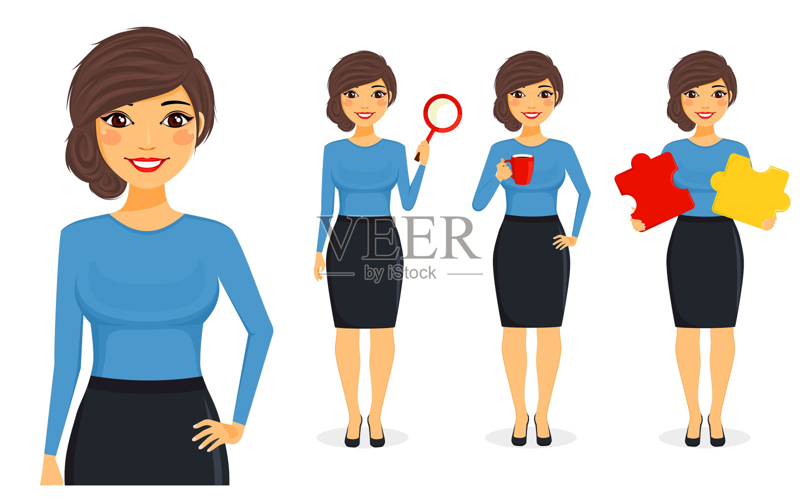 集。一个年轻的女商人站在一杯咖啡，一个放大镜，拼图。经营理念。办公室工作。商业和金融。平坦的风格在白色的背景。卡通。插画图片素材