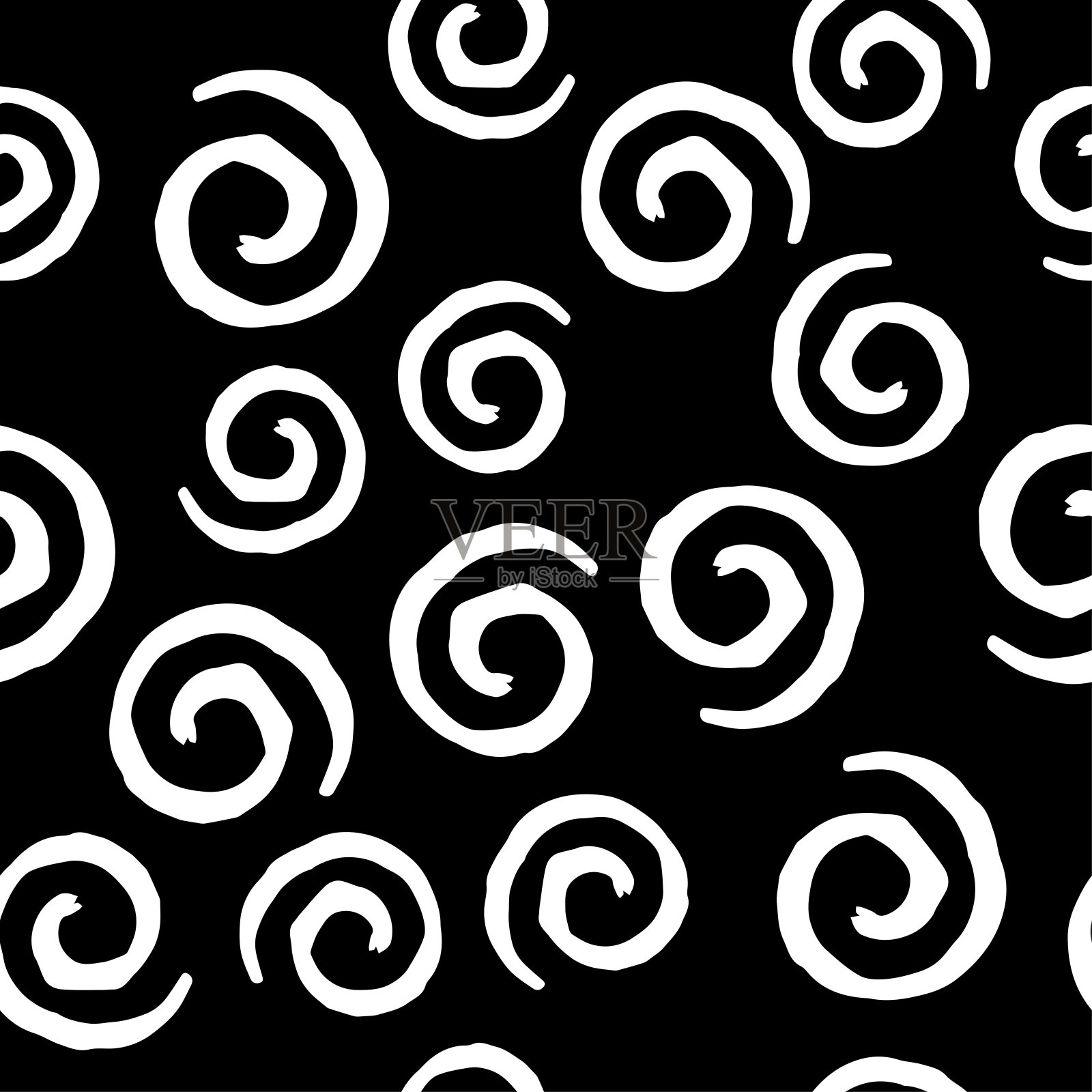 无缝模式与白色卷曲在黑色背景。矢量设计的纺织品，背景，衣服，包装纸，织物和墙纸。时尚插图无缝图案。插画图片素材