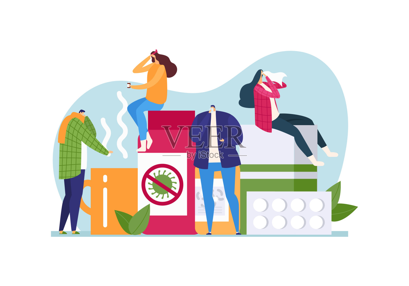 病人与疾病，矢量插图。用平药观念治病，男女性格坐在大丸、治、合剂上。插画图片素材