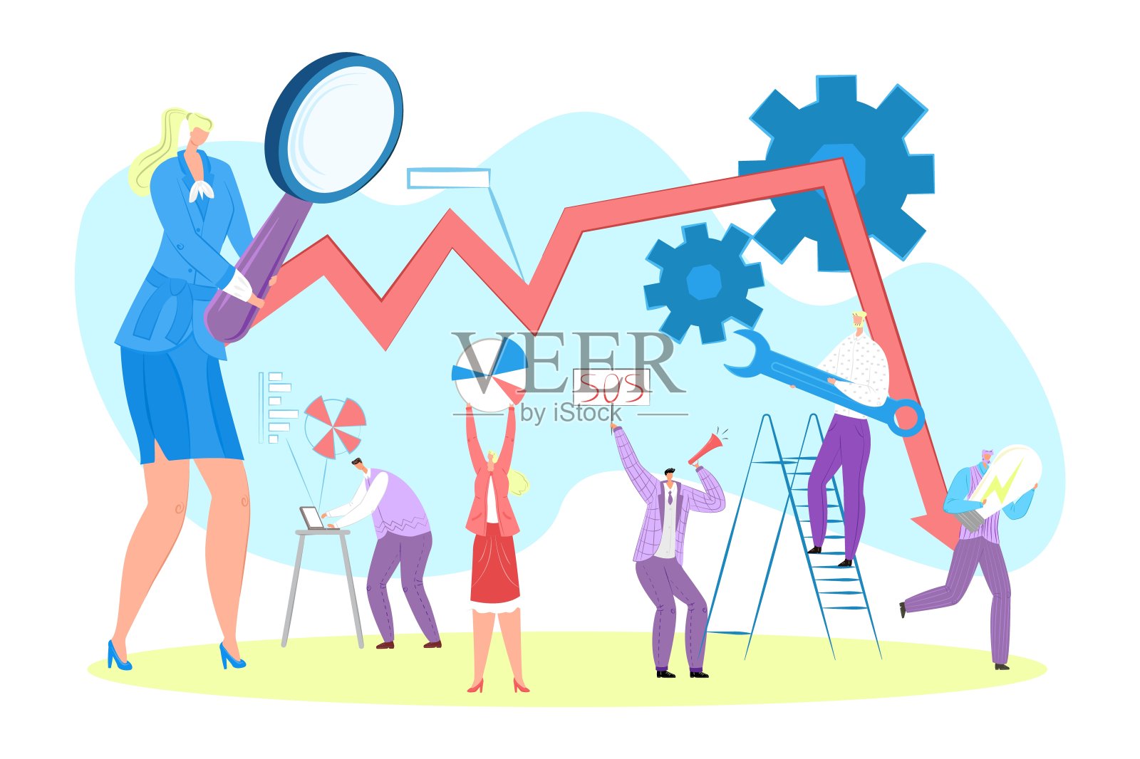 商业分析，矢量插图。男人女人人性格接近财务图，为公司平衡工作。团队尝试增资插画图片素材