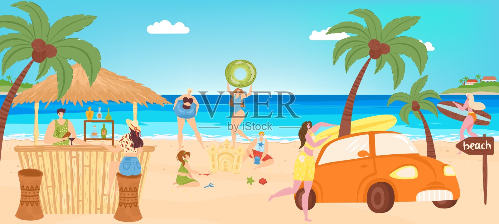 夏日沙滩，海边度假，矢量插图，海边度假旅游活动，平男平女人物在海边放松。插画图片素材