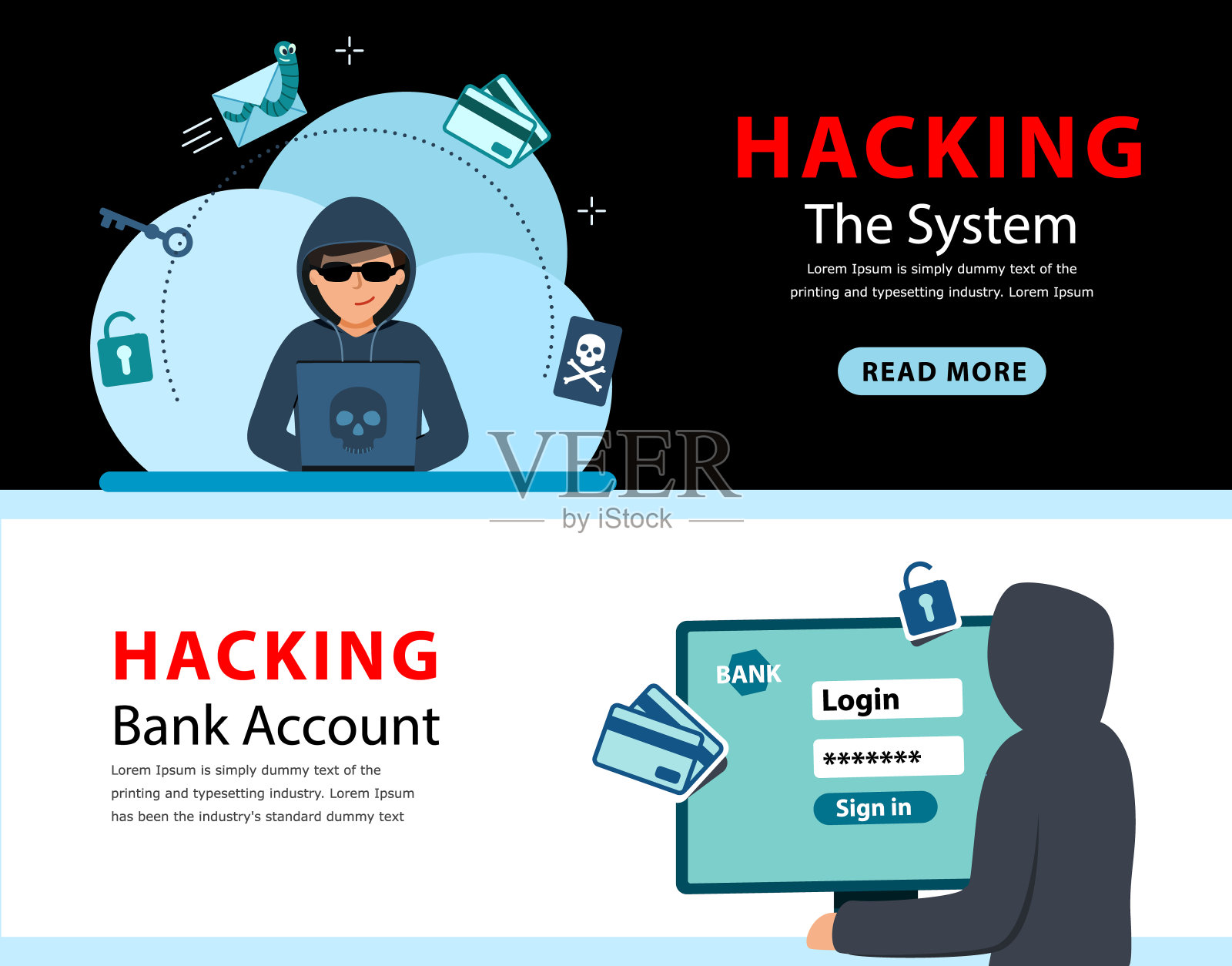 黑客的概念。信用卡钓鱼与网络窃贼。黑客坐在电脑前，插画图片素材