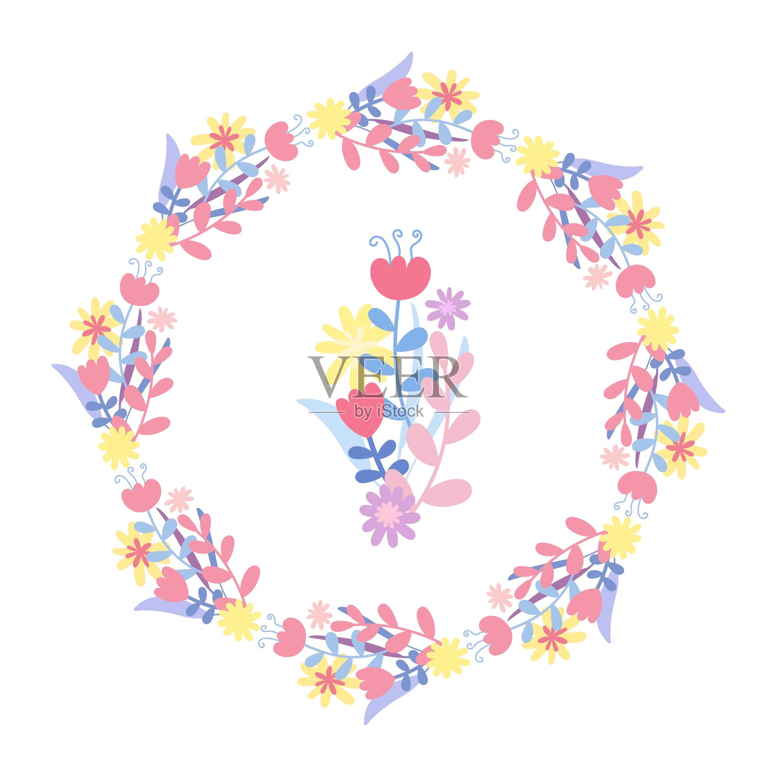 手绘扁花花环和花束设计。插画图片素材