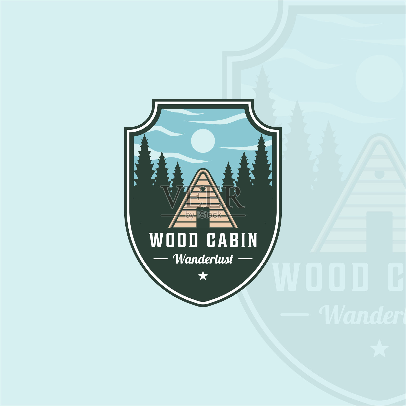 木屋户外会徽标志矢量插图模板图标图形设计。冒险野生动物年份与森林标志或符号标签，为商务住宿农舍或旅行设计元素图片
