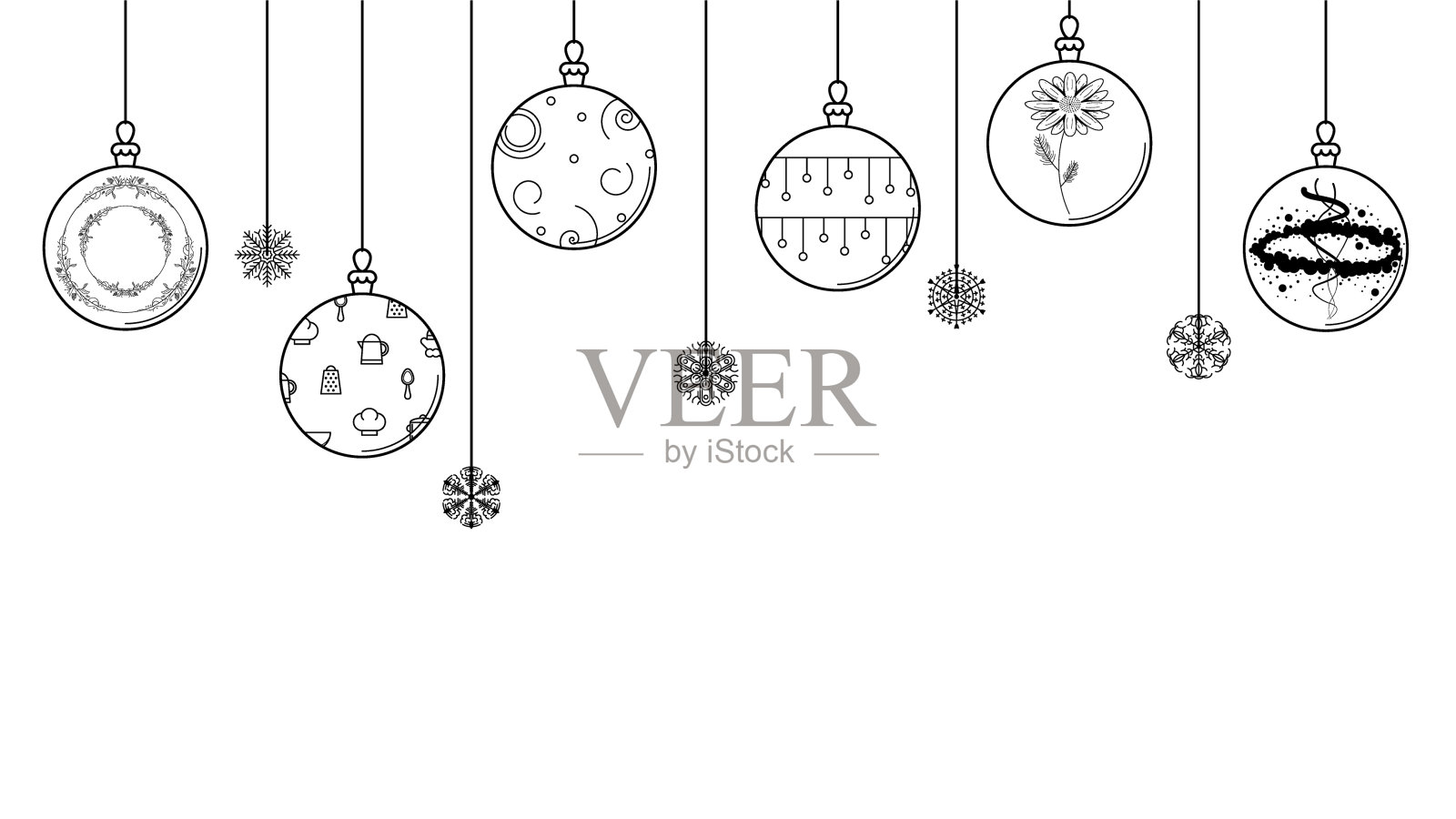 黑色涂鸦轮廓简单线抽象圣诞快乐圣诞球与雪花节日装饰新年快乐背景矢量设计风格插画图片素材